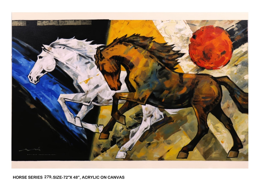Famous Indian horse painting - Horse Series 279, acrylic on canvas by Pune fine artist Devidas Dharmadhikari
