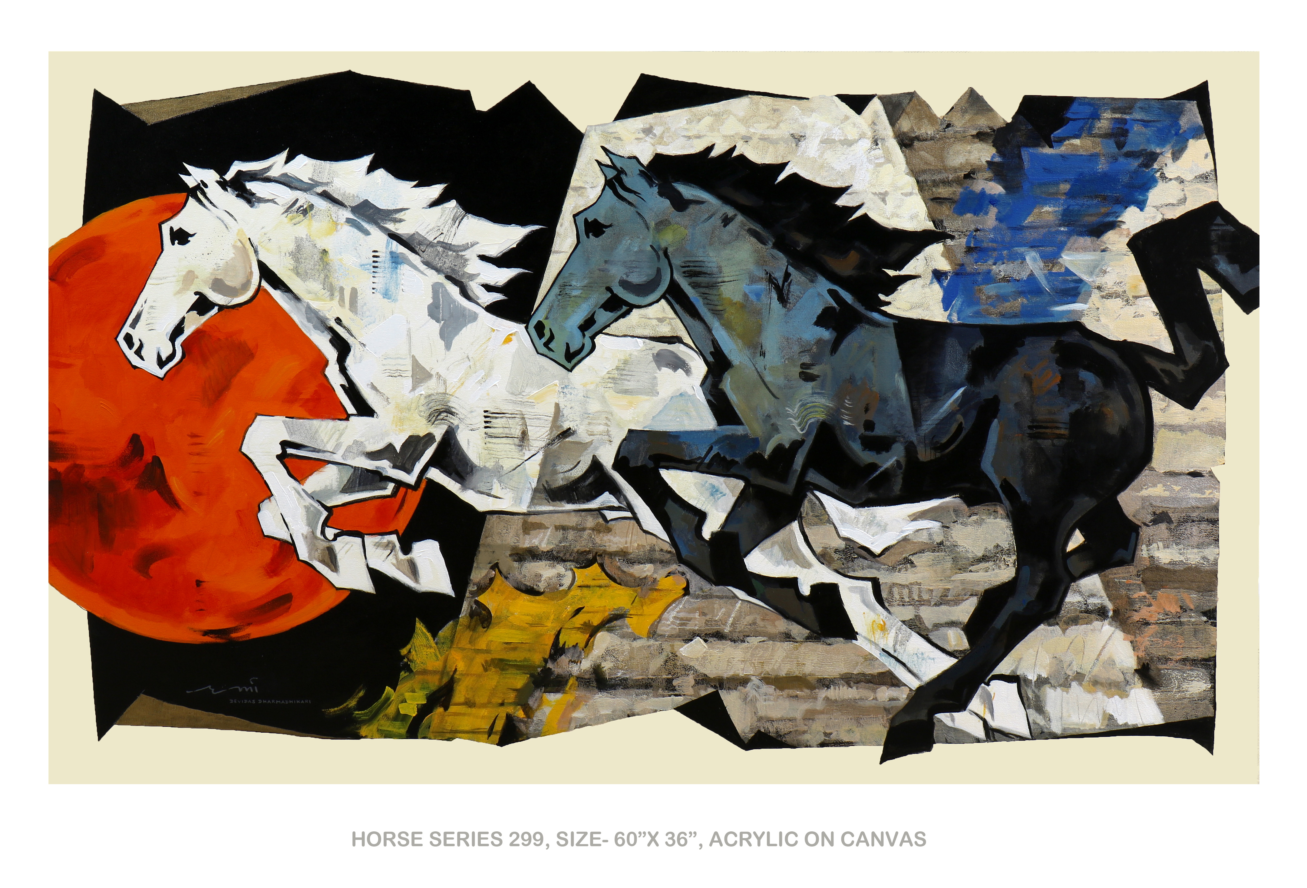 Horse Series 299 — white horse and black horse galloping past a crimson moon, acrylic on canvas 60×36 inches by Devidas Dharmadhikari
