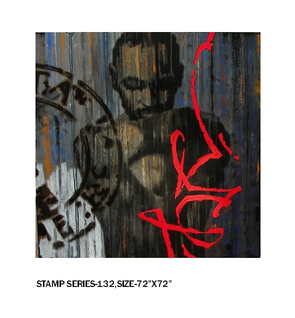 Best Indian figurative artworks - Stamp Series 132, acrylic on canvas by Pune fine artist Devidas Dharmadhikari
