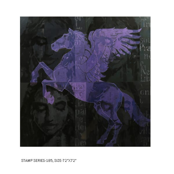 Best Indian figurative artworks - Stamp Series 185, acrylic on canvas by Devidas Dharmadhikari