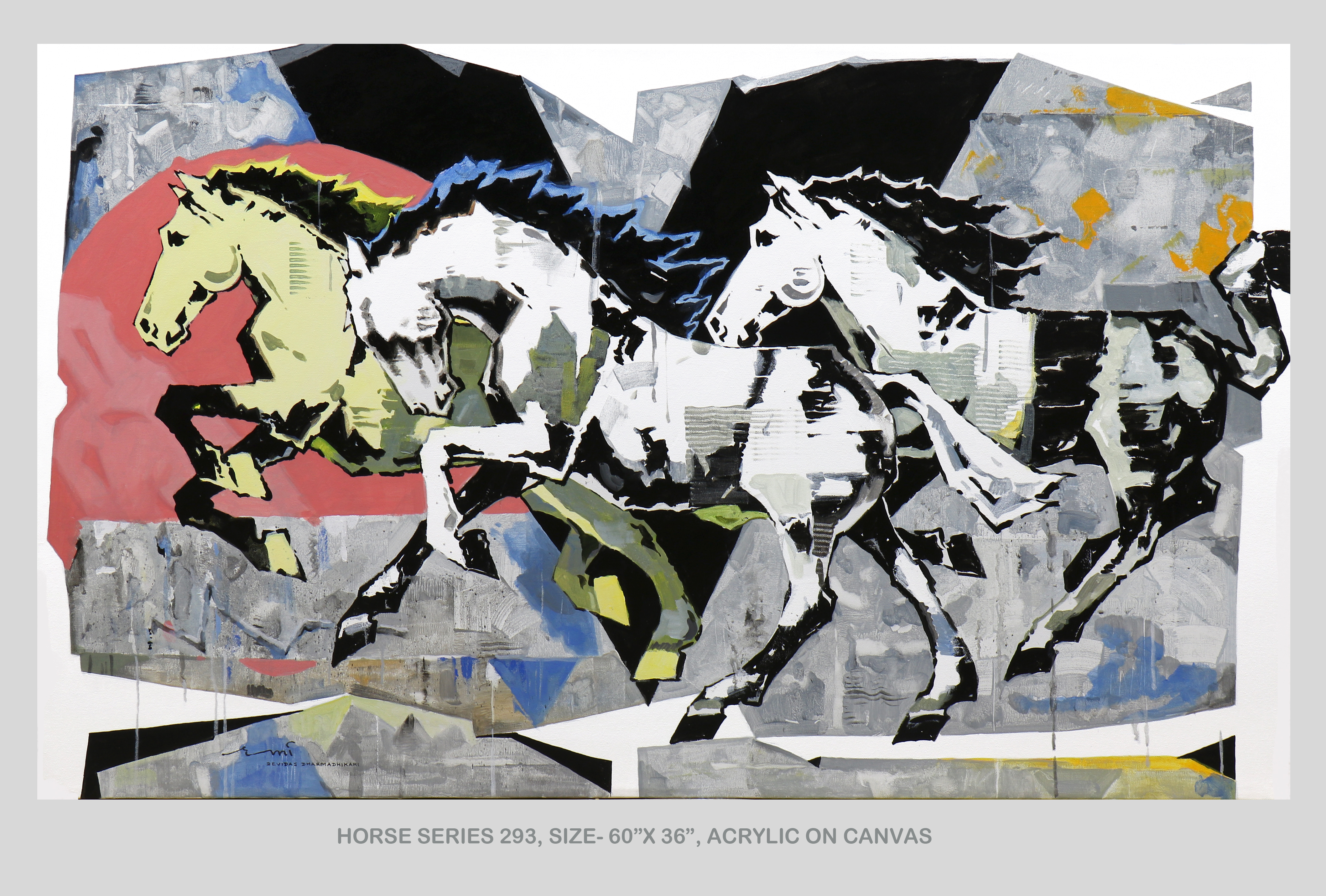 Horse Series 293 — three horses in bold geometric composition, acrylic on canvas 60×36 inches by Devidas Dharmadhikari