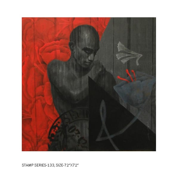 Contemporary Indian figurative paintings - Stamp Series 133, acrylic on canvas by artist Devidas Dharmadhikari Pune