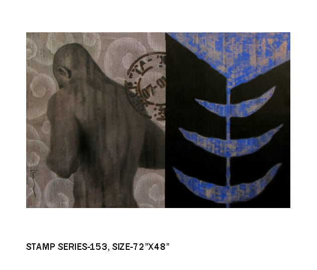 Contemporary Indian figurative paintings - Stamp Series 153, acrylic on canvas by Pune fine artist Devidas Dharmadhikari