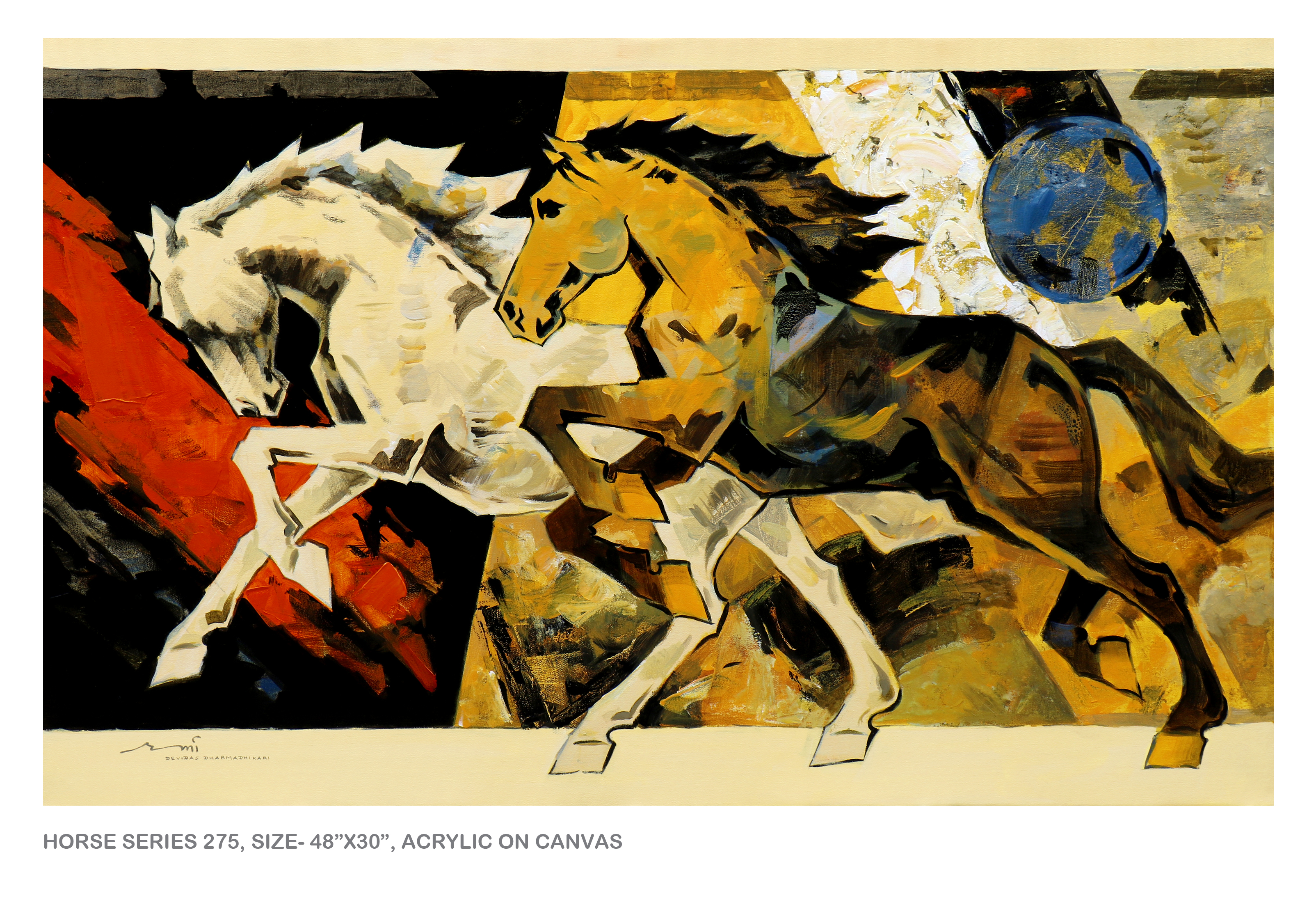 Horse Series 275 — three horses in warm earth tones with orange circle, acrylic on canvas 48×30 inches by Devidas Dharmadhikari