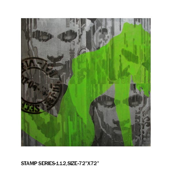 Expressive Indian figurative art - Stamp Series 112, acrylic on canvas by Devidas Dharmadhikari