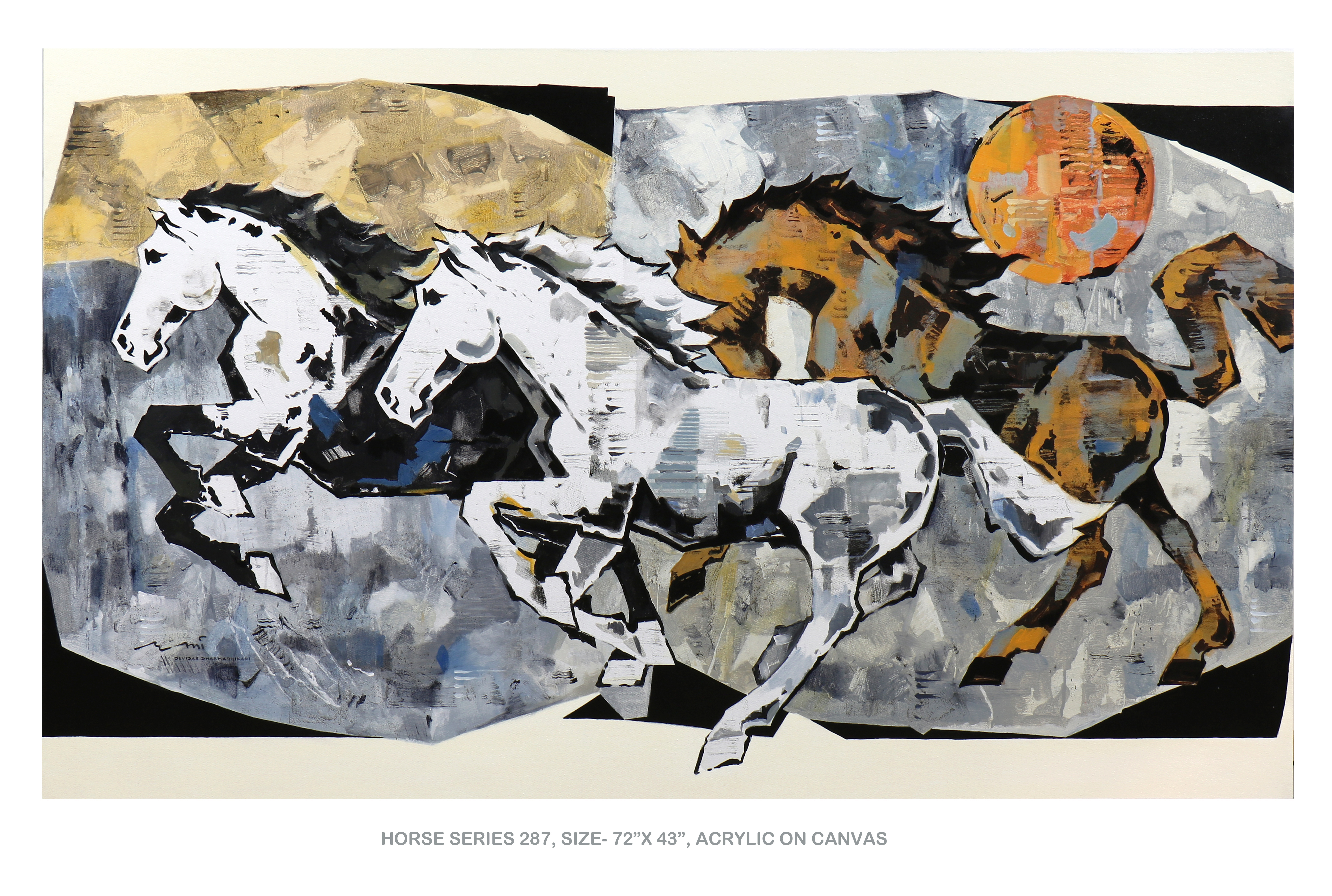 Horse Series 287 — horses galloping under orange moon, monumental acrylic on canvas 72×43 inches by Devidas Dharmadhikari