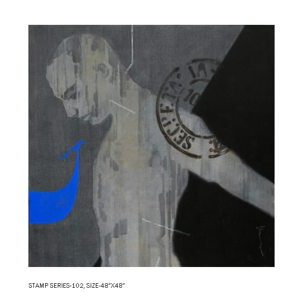 Modern Indian figurative paintings - Stamp Series 102, acrylic on canvas by Devidas Dharmadhikari