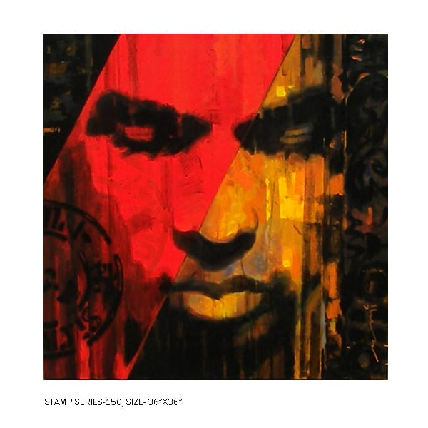 Modern Indian figurative paintings - Stamp Series 150, acrylic on canvas by Devidas Dharmadhikari